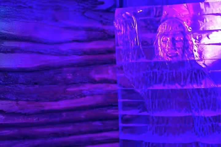 Detailed ice sculpture in vibrant neon light at IceBar Cologne, showcasing artistic craftsmanship and unique ambiance.