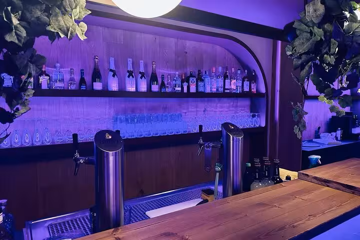 Stylish bar setup at IceBar Cologne with illuminated shelves stocked with premium spirits and cozy ambiance lighting.