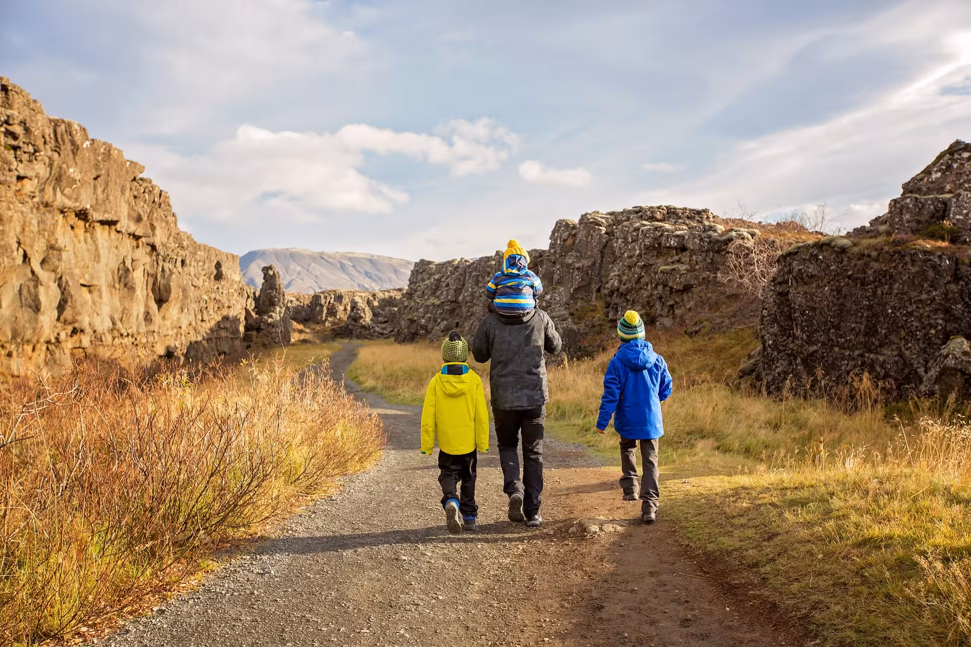 Family walking along a scenic trail in Iceland's dramatic volcanic landscape during a 6-day tour.