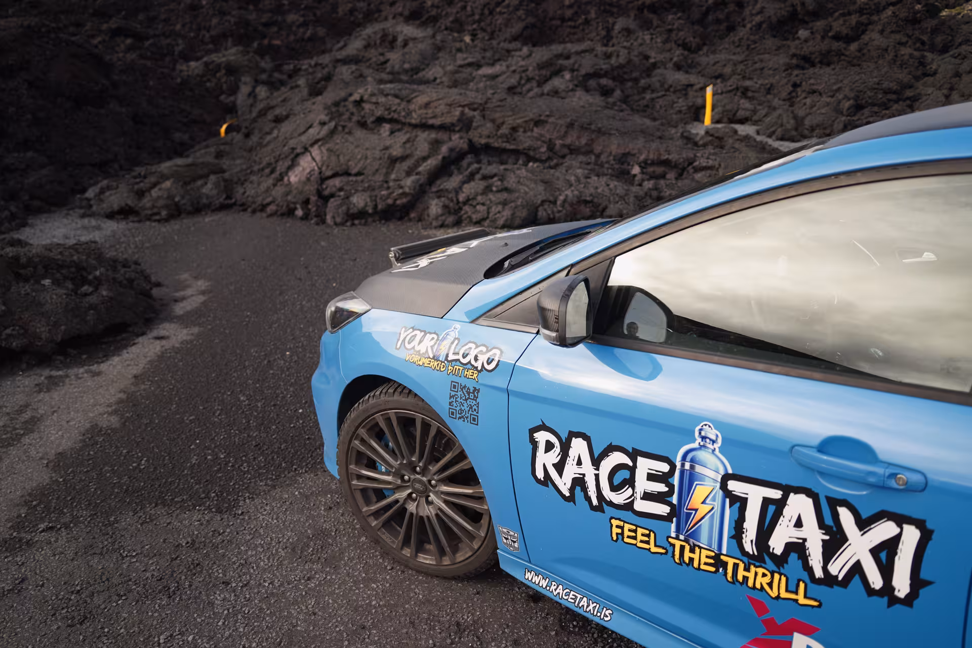 Race Taxi rally car on Iceland volcanic road, private airport transfer from Keflavik to Reykjavik