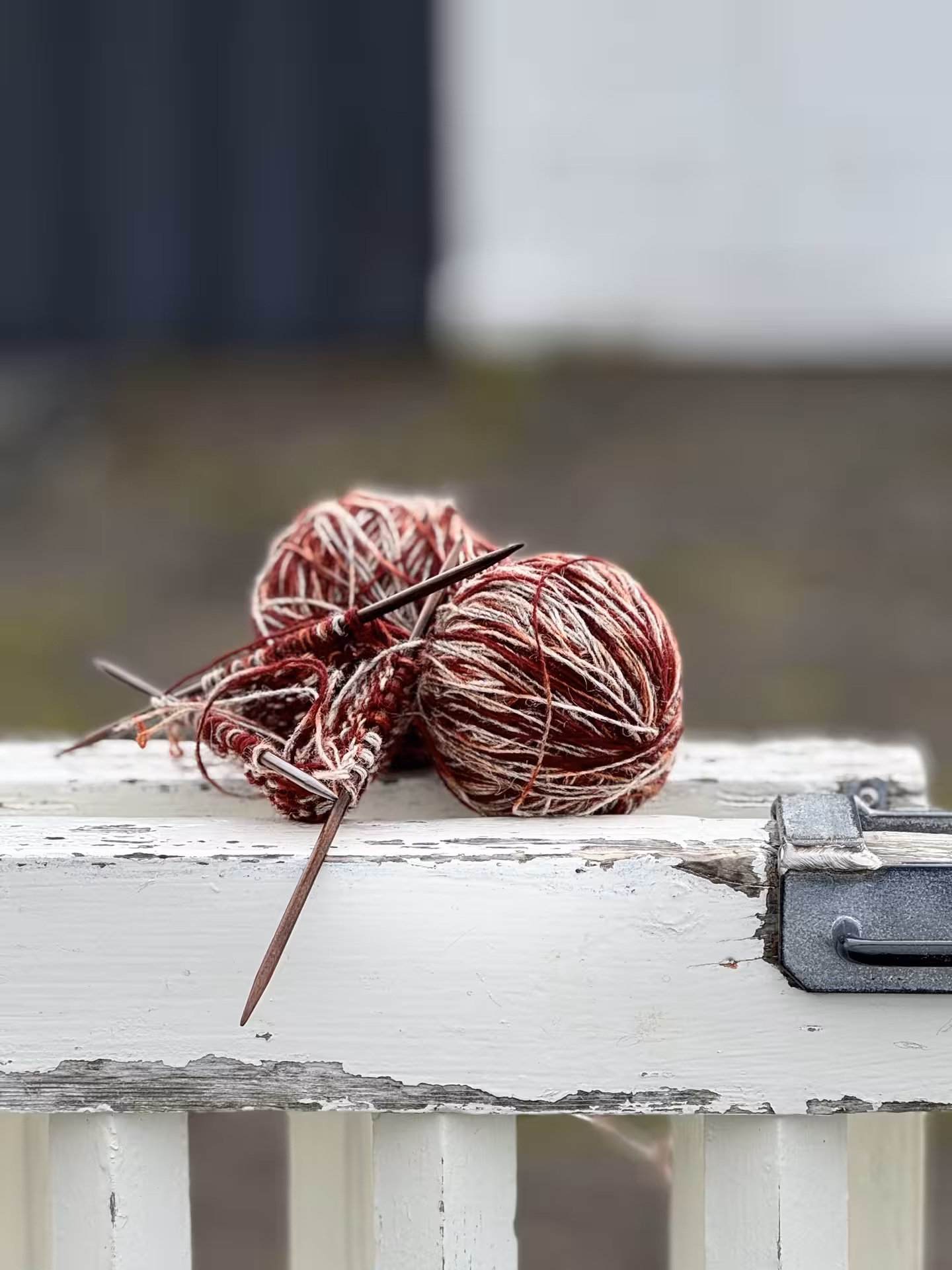 Two balls of red and white yarn with knitting needles on rustic white fence for Iceland winter knitting tour.