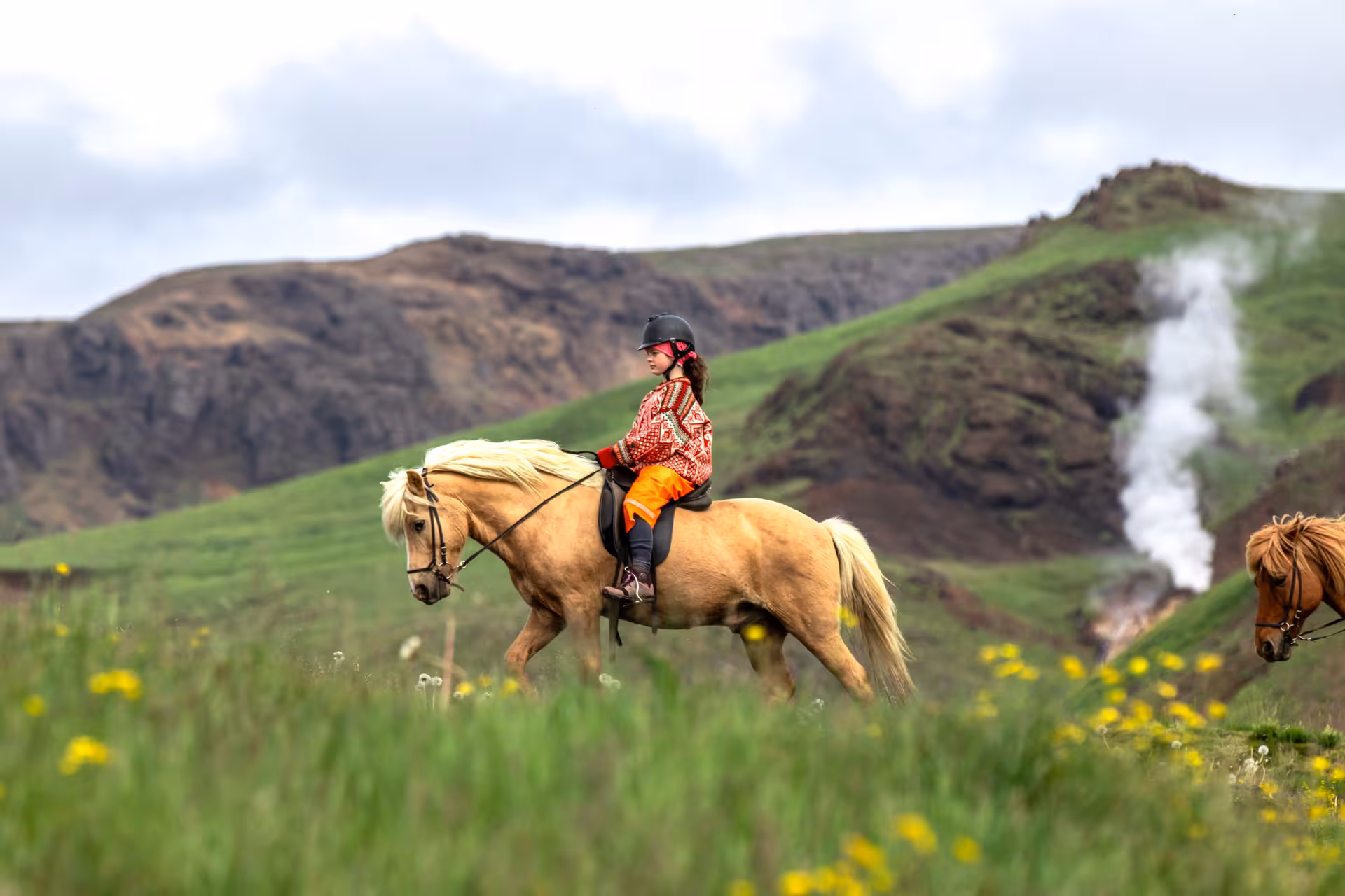 Rider on Icelandic horse in green highlands near steaming hot spring, 03C Horses and Hot Springs tour