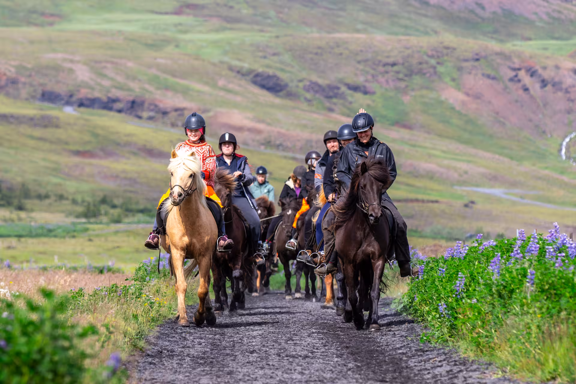 Riders on Icelandic horses crossing green highlands on 05A Hot Springs Tour, scenic trail ride adventure