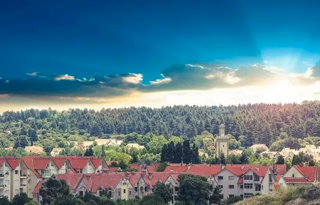 Picturesque landscape of Ifrane's red-roofed buildings nestled amidst lush greenery and forests.