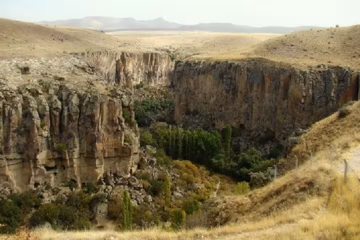 Panoramic Ihlara Valley canyon viewpoint in Cappadocia, highlight of 2-day Istanbul to Cappadocia flight tour