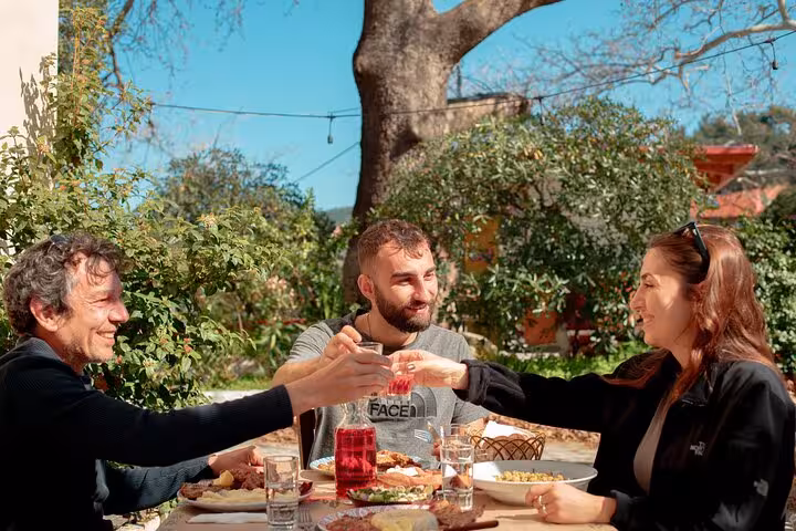 Friends toasting local wine over a homemade outdoor lunch at a family winery on the Ikaria Longevity tour