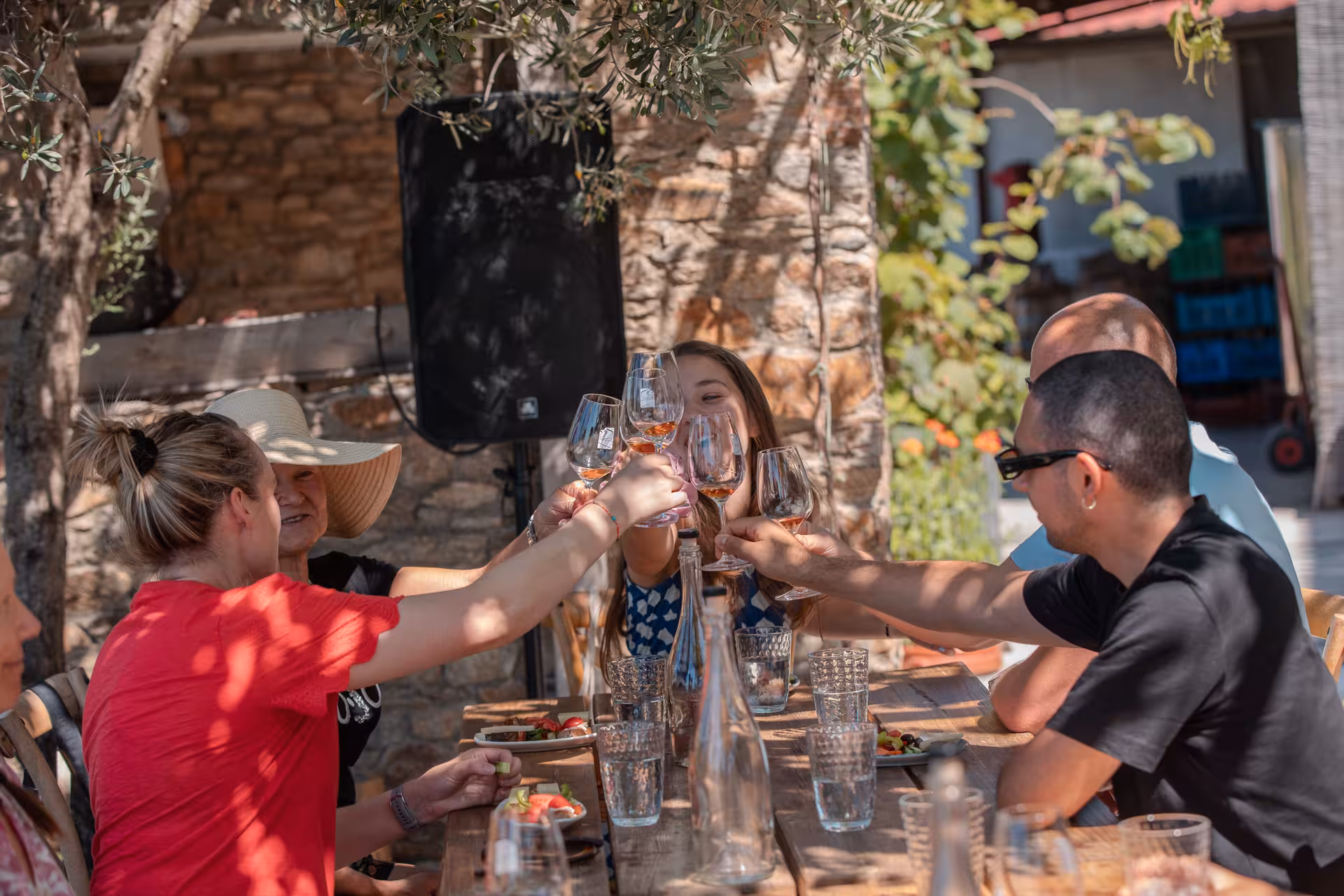Friends toasting rosé at rustic outdoor table during Ikaria Longevity family winery experience with local mezé lunch