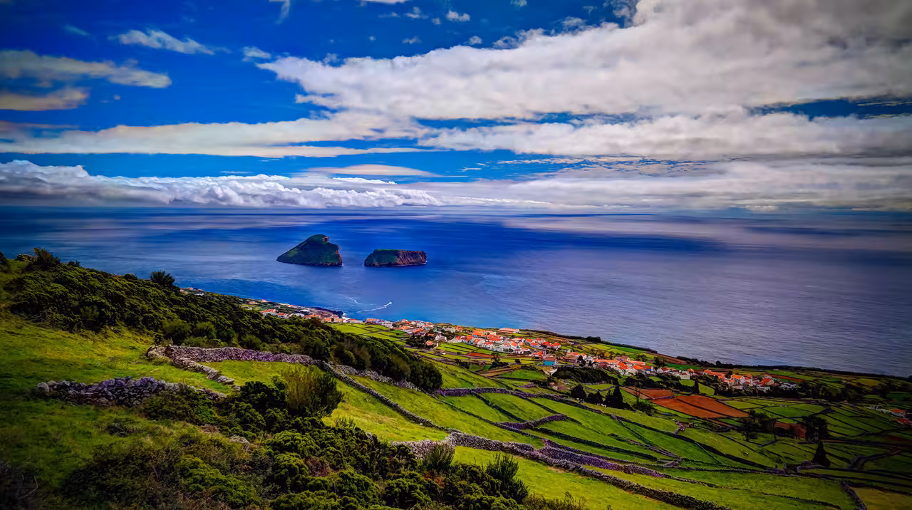 Panoramic viewpoint over Terceira Island and Ilhéus das Cabras, Azores, on a scenic 2-hour island tour