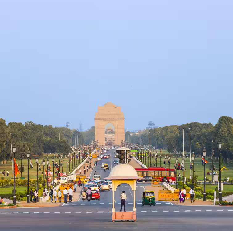 Bustling scene at India Gate in New Delhi, a must-see landmark on a classical North India tour.