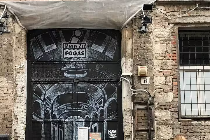 Entrance mural at Instant-Fogas ruin bar in Budapest, a key stop on the self-guided ruin bars walking tour
