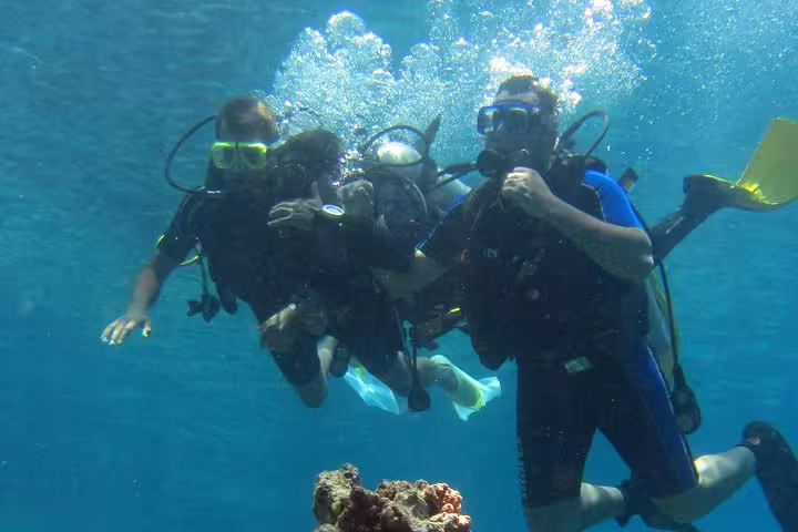 Small group of new divers practicing underwater skills together during an intro diving and snorkeling day trip