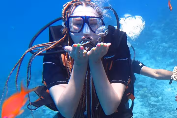 Intro scuba diving in Hurghada Red Sea with bubbles and tropical fish on Hula Hula Paradise Island trip