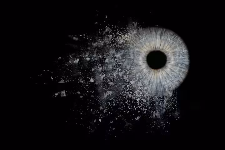 Abstract close-up of a single iris exploding into artistic fragments, highlighting the intricate details of the eye.