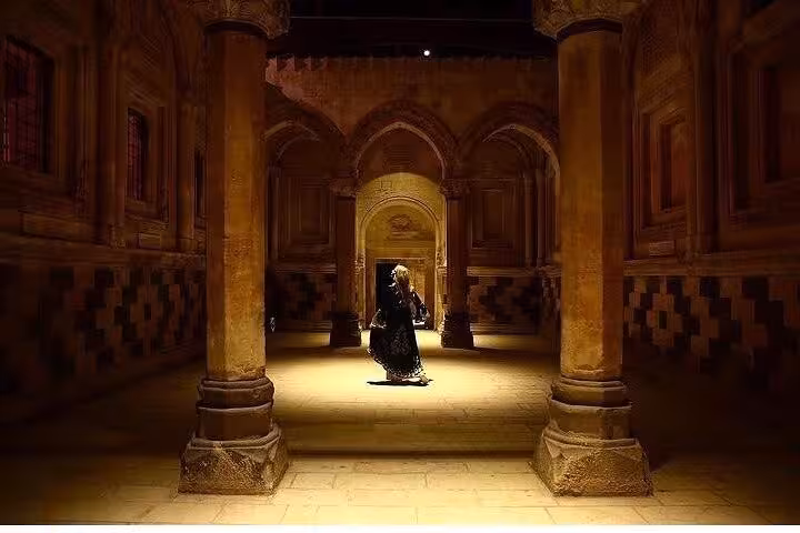 Ishak Pasha Palace interior courtyard at night in Dogubeyazit, Turkey on private guided tour