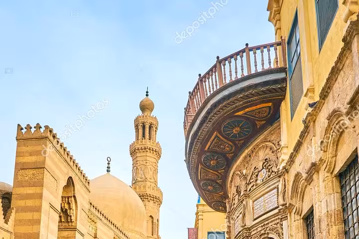 Ornate balcony and Al Azhar Mosque dome and minaret view on VIP Four Hour Islamic Cairo tour