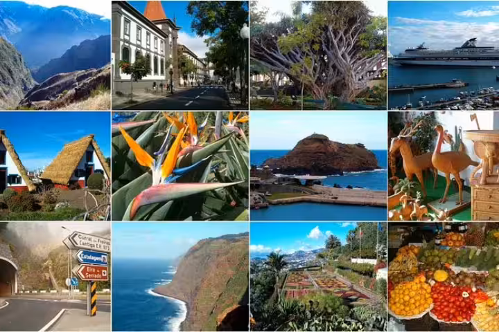Collage of island highlights including scenic cliffs, vibrant flora, traditional houses, and bustling harbors for a two-day tour.