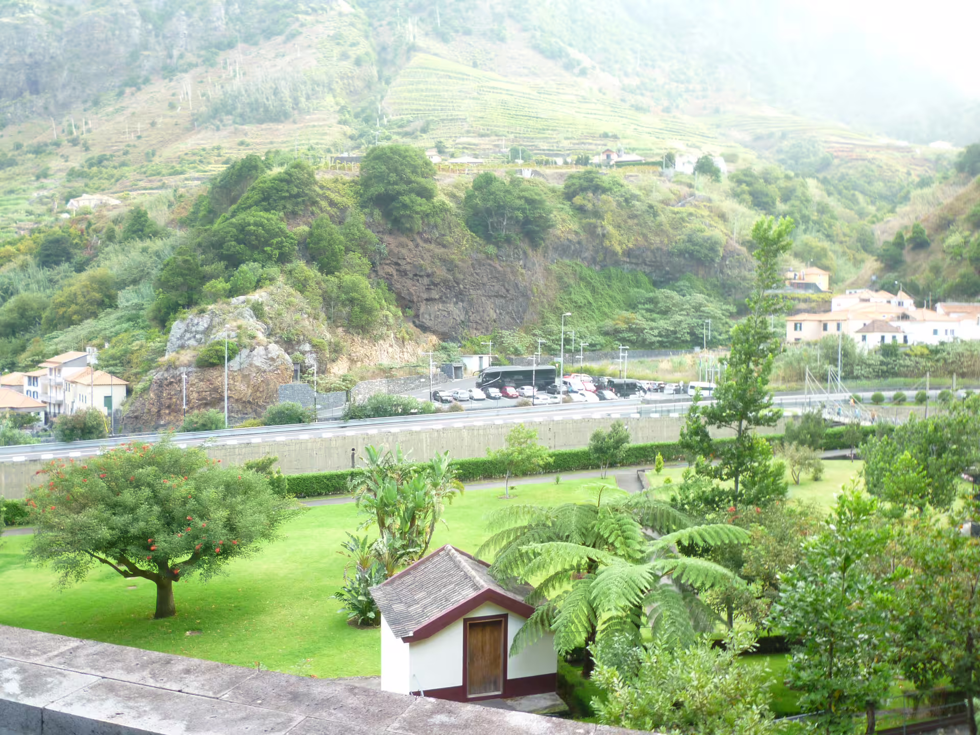 Lush green landscape with rolling hills, trees, and charming houses on a two-day island tour.