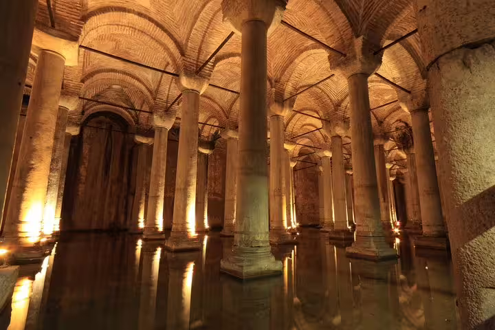 Explore Istanbul's ancient Basilica Cistern with its grand columns and atmospheric lighting on a private full-day tour.