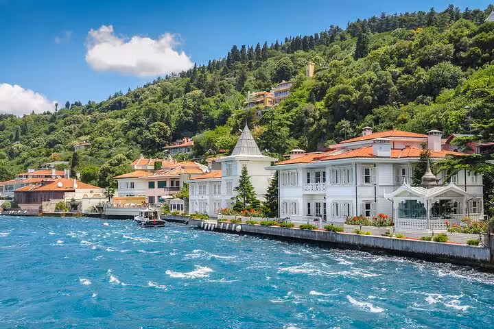 Bosphorus cruise view of waterfront Ottoman mansions and lush hills on a sunny Istanbul morning tour