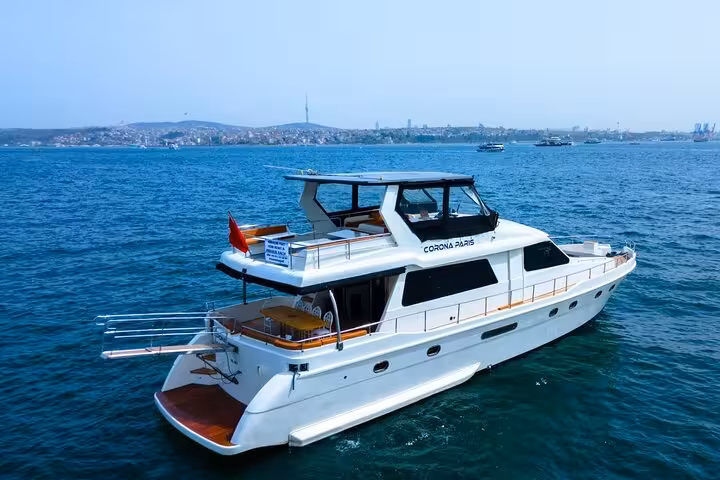 Private luxury yacht on the Bosphorus Strait in Istanbul, ideal for a sunset cruise with wine on board