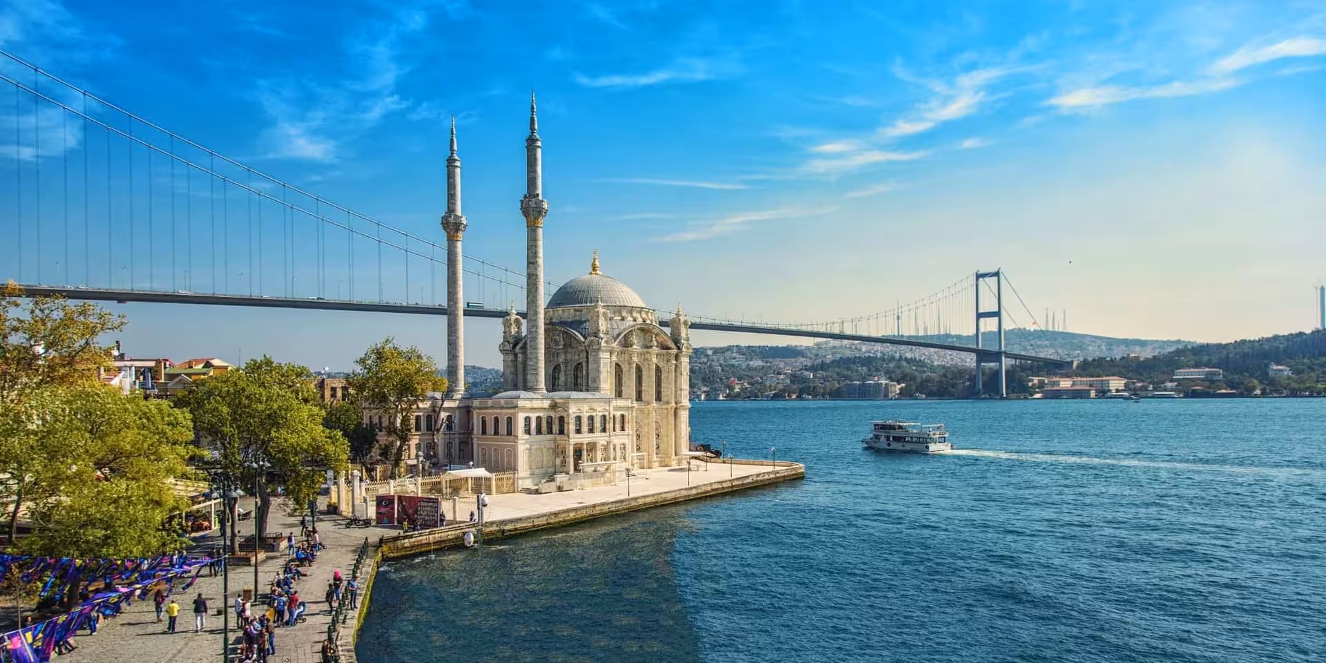 Bosphorus waterfront with mosque and bridge in Istanbul
