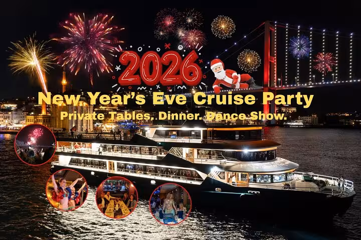 Istanbul Bosphorus New Year’s Eve dinner cruise party with fireworks, live show and bridge views at night