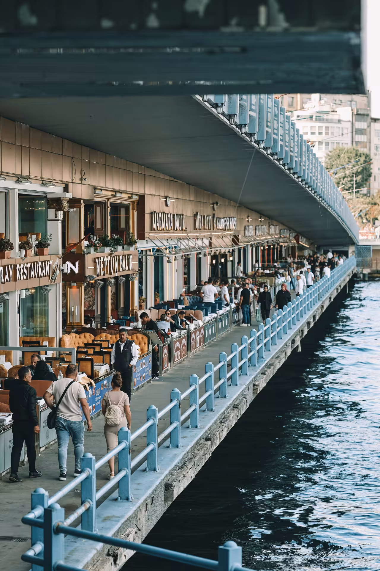 Istanbul Galata Bridge waterfront restaurants on the Bosphorus, a key stop on Highlights of Turkey tour