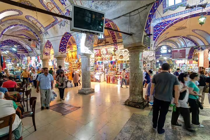Inside Istanbul Grand Bazaar with vaulted arches and shops, part of 8-day Turkey itinerary with flights
