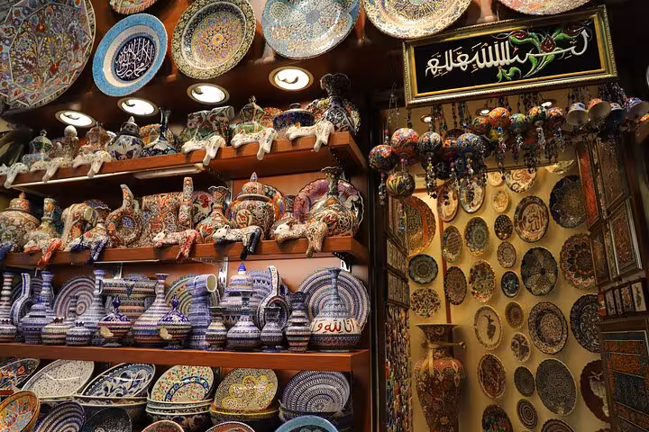 Traditional Iznik ceramics and patterned plates in Istanbul Grand Bazaar during Old City full-day tour with lunch