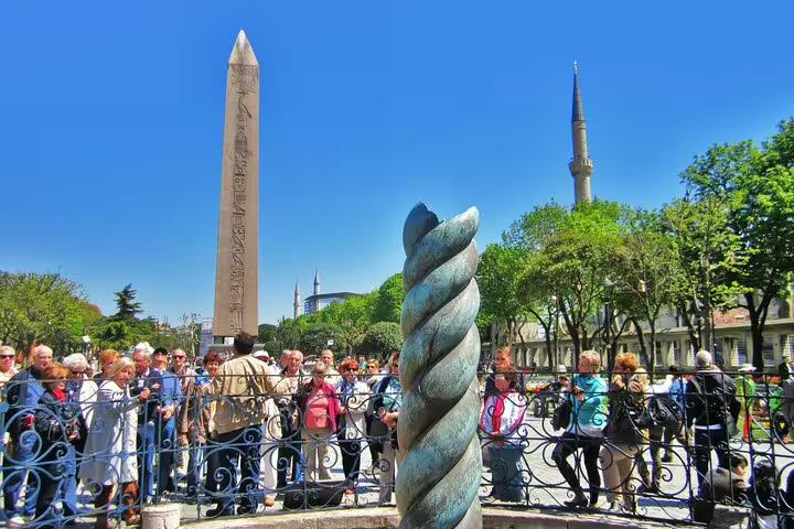 Tour group at Istanbul Hippodrome near Egyptian Obelisk, small-group 8-day Turkey tour by flights