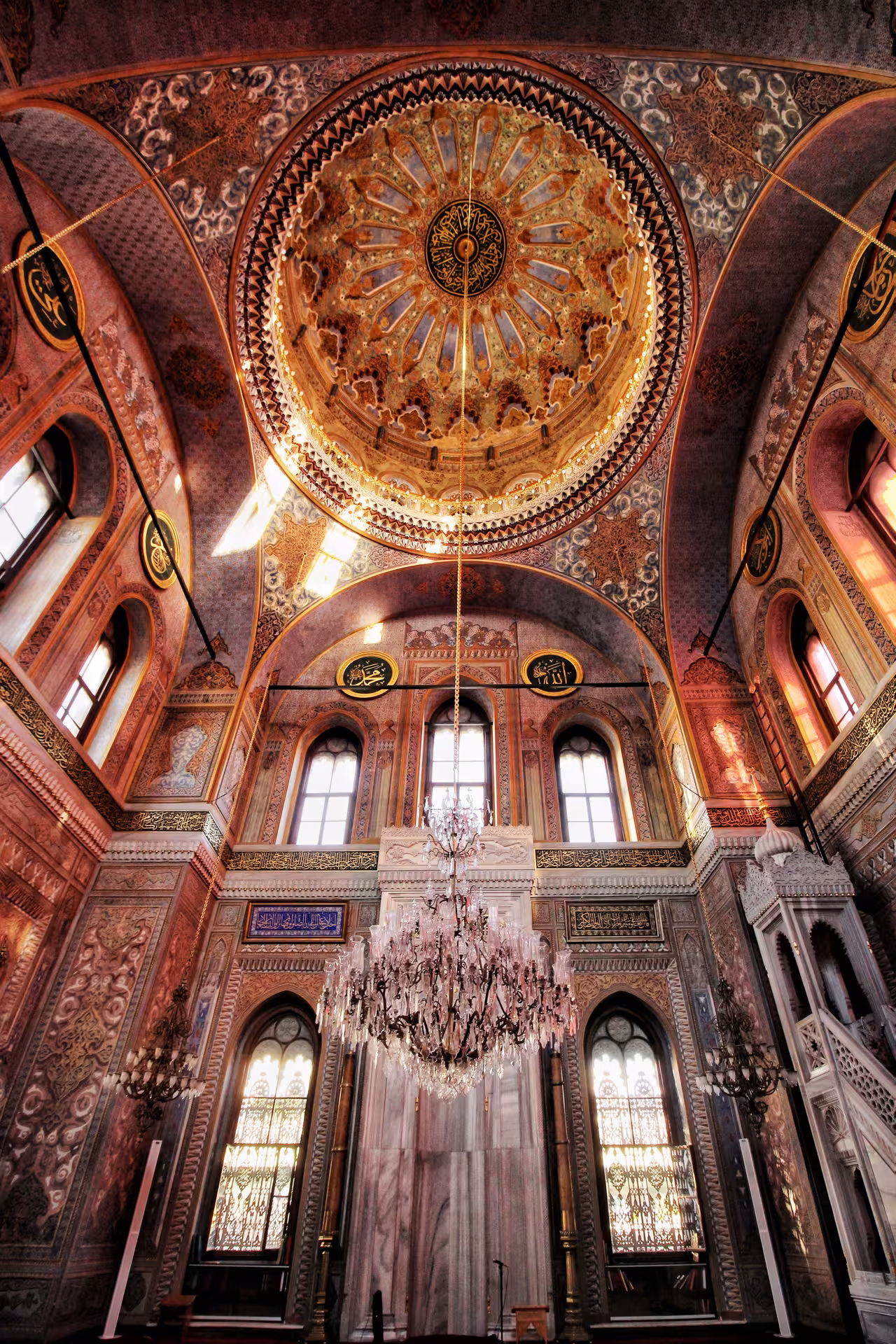 Ornate dome and chandelier inside Istanbul mosque, a highlight on Timeless Turkey 8 days tour