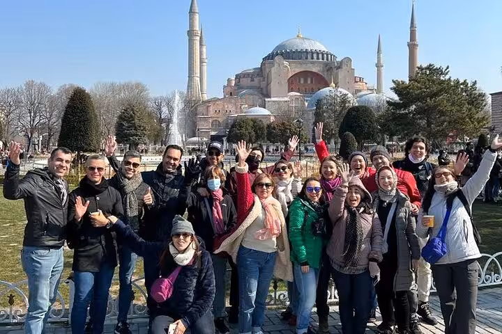 Tour group posing in front of Hagia Sophia on Istanbul Old City full-day tour with lunch in Sultanahmet