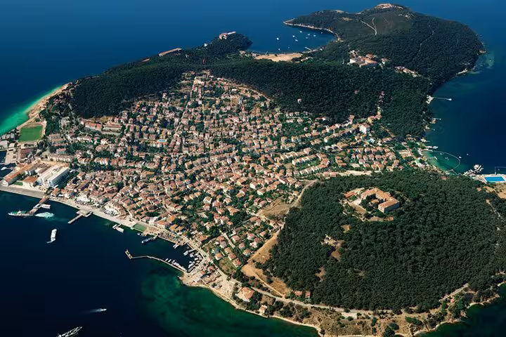 Aerial view of Büyükada island coastline on Istanbul Princes Islands tour, including Heybeliada and ferry cruise