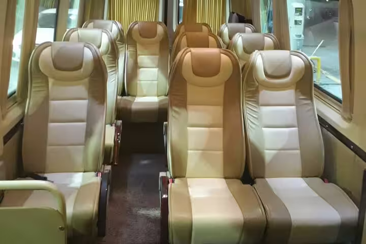 Comfortable leather seats inside tour coach for Istanbul to Seven Churches of Asia Minor 4 nights in 4-star hotels
