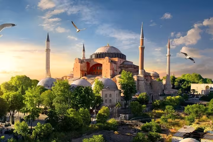 Hagia Sophia view on private Istanbul shore excursion from Istanbul Port, iconic domes and minarets at sunset