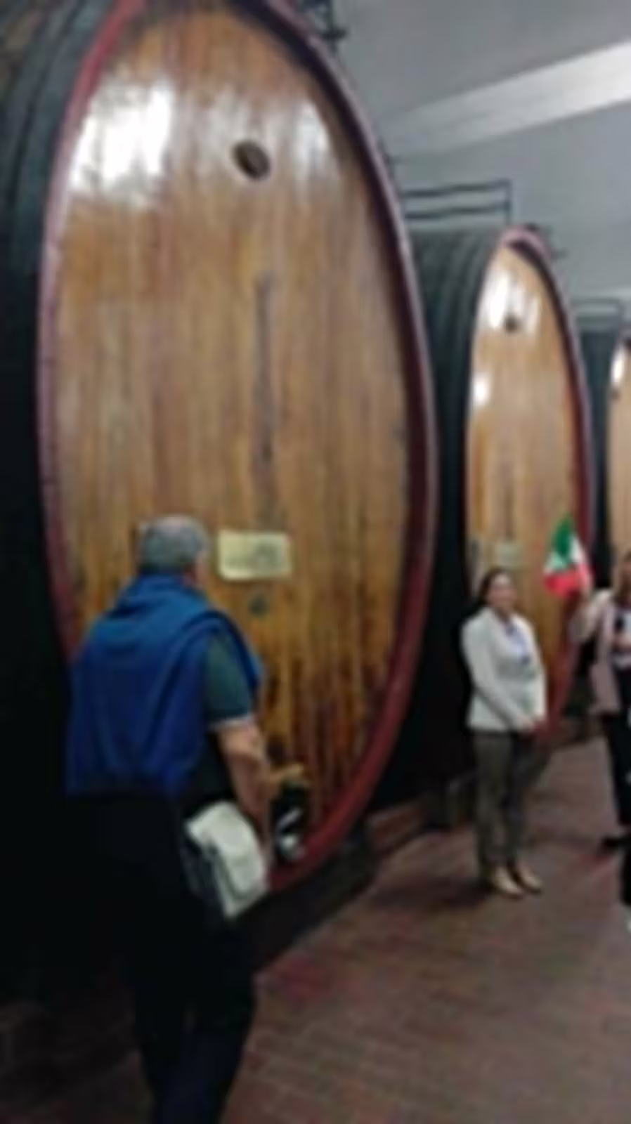 Travelers touring giant oak wine barrels in an Italian cellar on the Fashion, engines and flavors of Italy self-drive tour