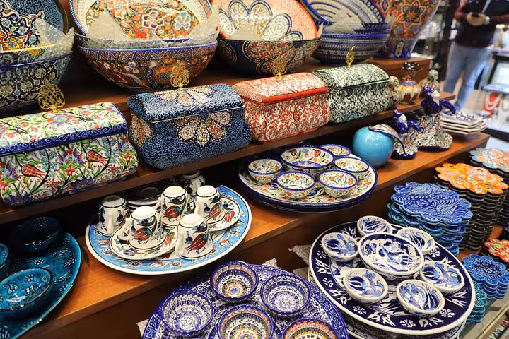 Colorful Iznik ceramic plates and tea sets at Grand Bazaar, a highlight on Istanbul Old City full-day tour