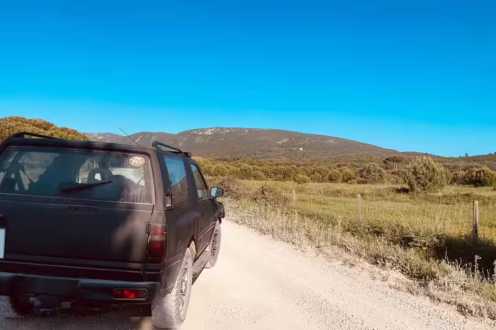 4X4 Jeep on scenic dirt road in Arrábida, Sesimbra-Lisbon, offering an adventurous beach picnic tour amidst lush landscapes.