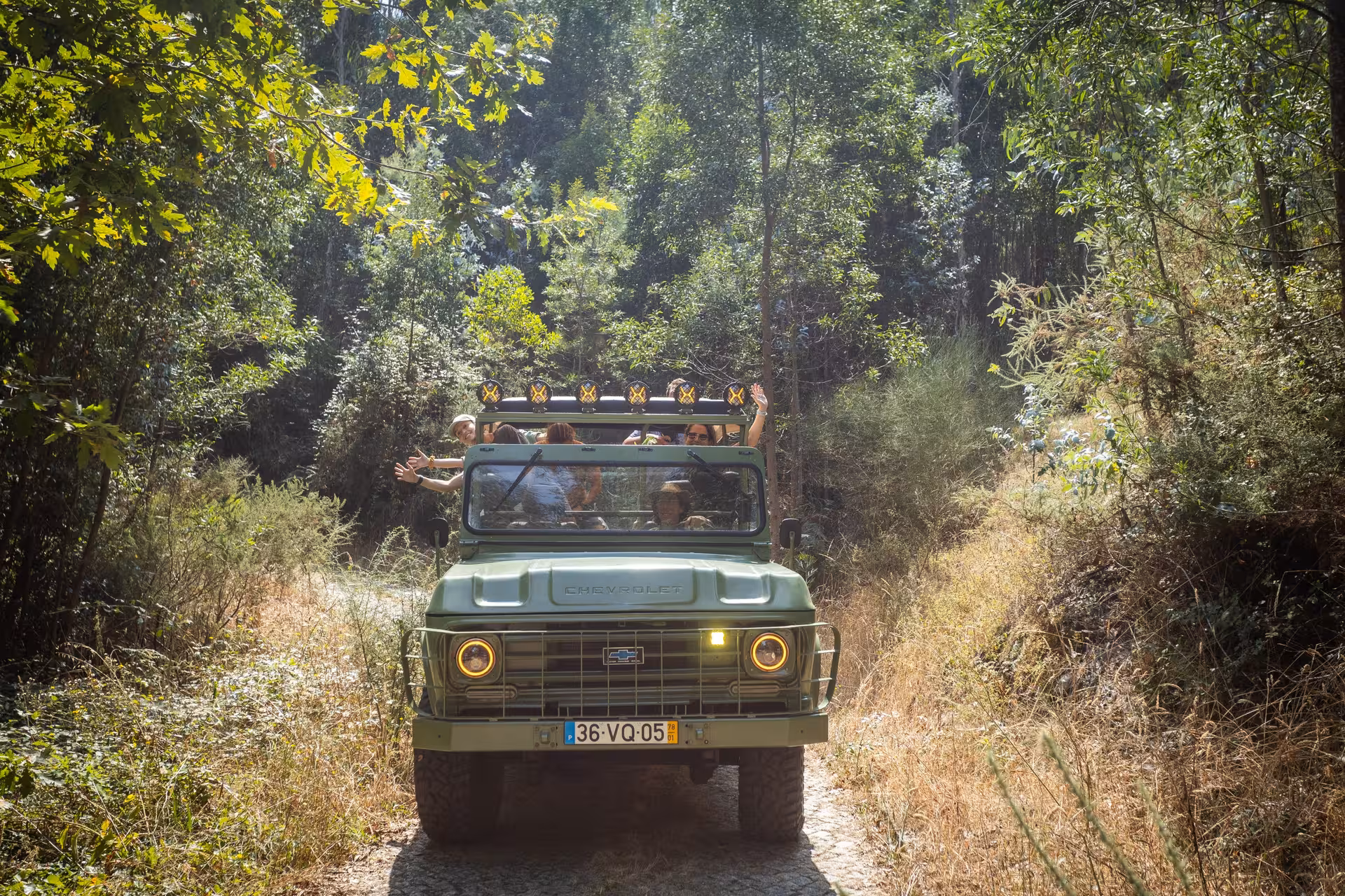 Open-top jeep driving through forest trail on Jeeptour nature hiking and yoga class adventure, scenic off-road ride