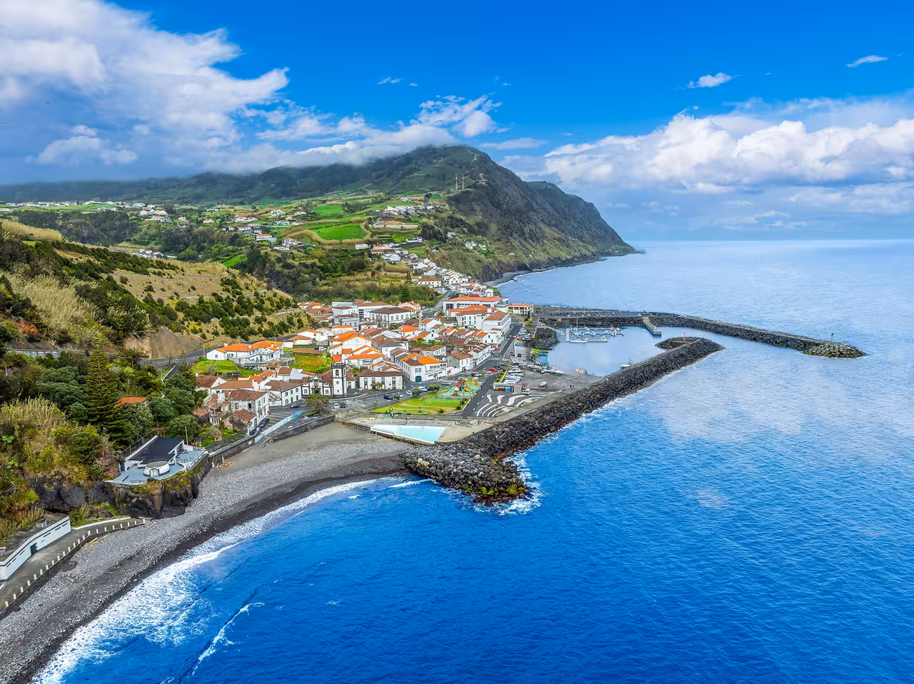Jeep Tour Northeast full day aerial view of Nordeste village, harbor and cliffs on São Miguel, Azores coast