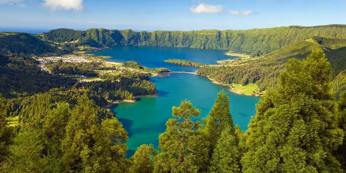 Panoramic view of Sete Cidades twin lakes and crater rim, highlight of a half-day Jeep tour in São Miguel