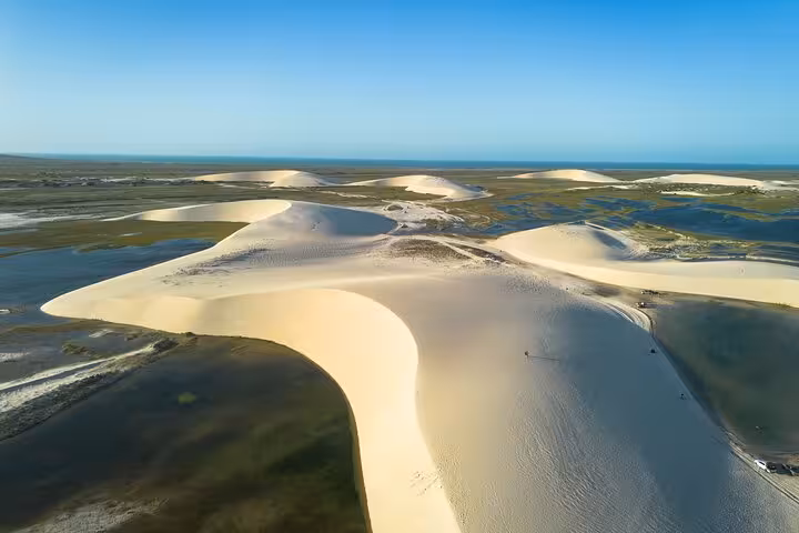 Aerial view of Jericoacoara east coast dunes and lagoons, scenic 4x4 tour landscape in Ceará
