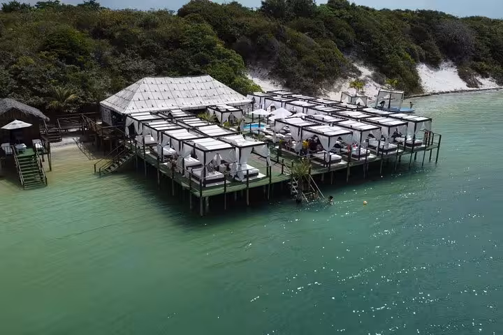Overwater lounge decks on Lagoa do Paraíso stop during Jericoacoara East Coast Tour from Jeri