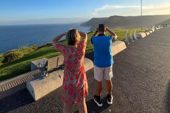 Tourists enjoy panoramic ocean views at a scenic lookout during Jervis Bay private tour with convenient pickup and drop-off.