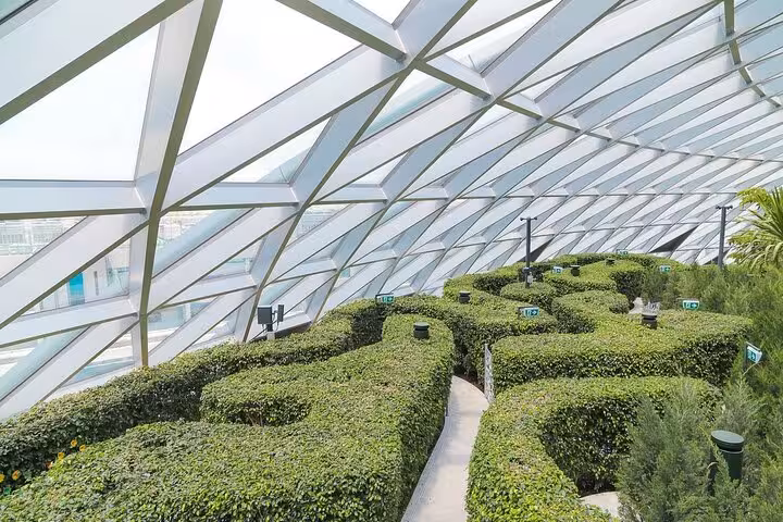 Hedge maze path inside Jewel Changi Airport Canopy Park, Singapore ticketed attraction under glass dome