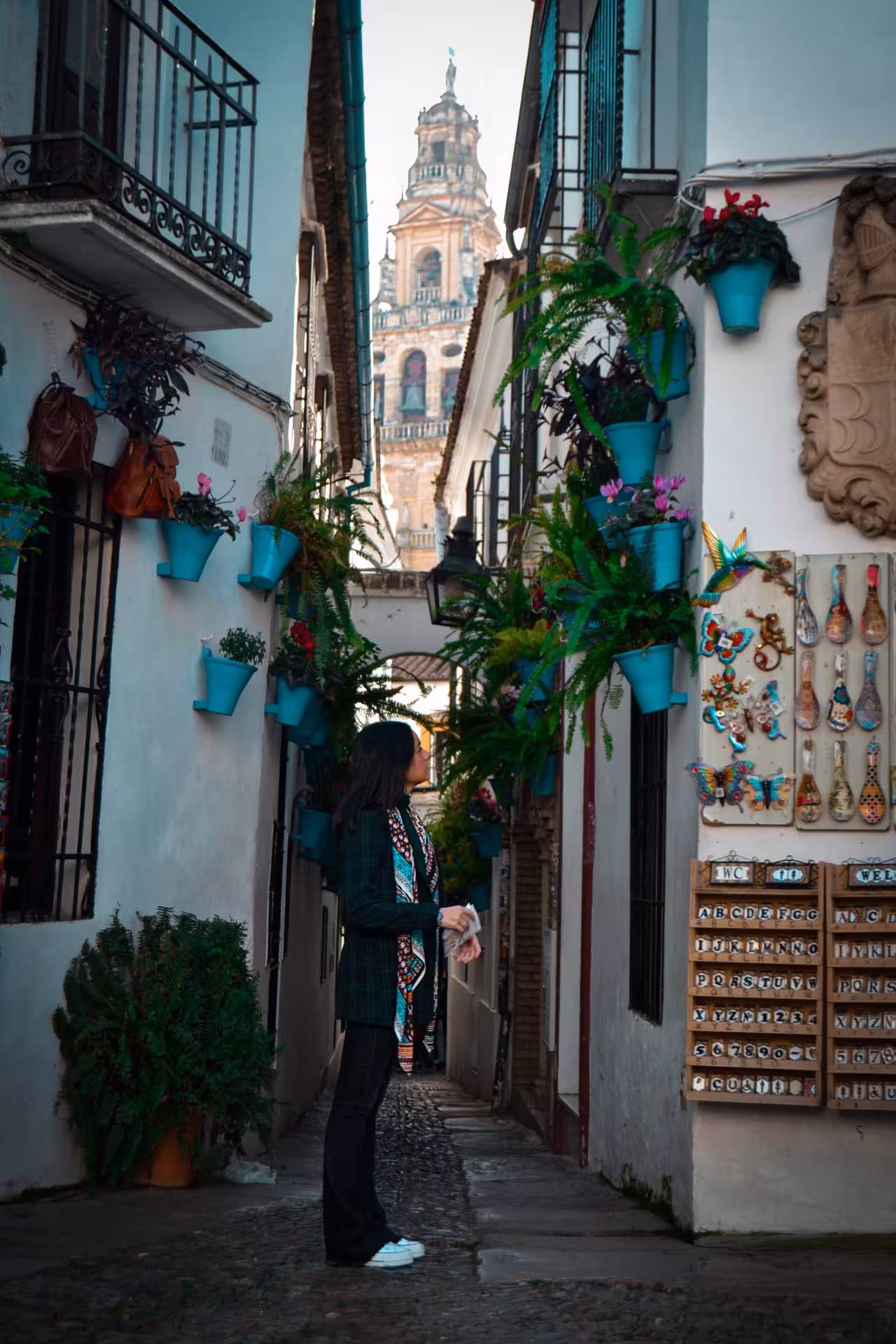 Scenic alley in the Jewish Quarter adorned with vibrant plants and pottery, leading to a historical tower.