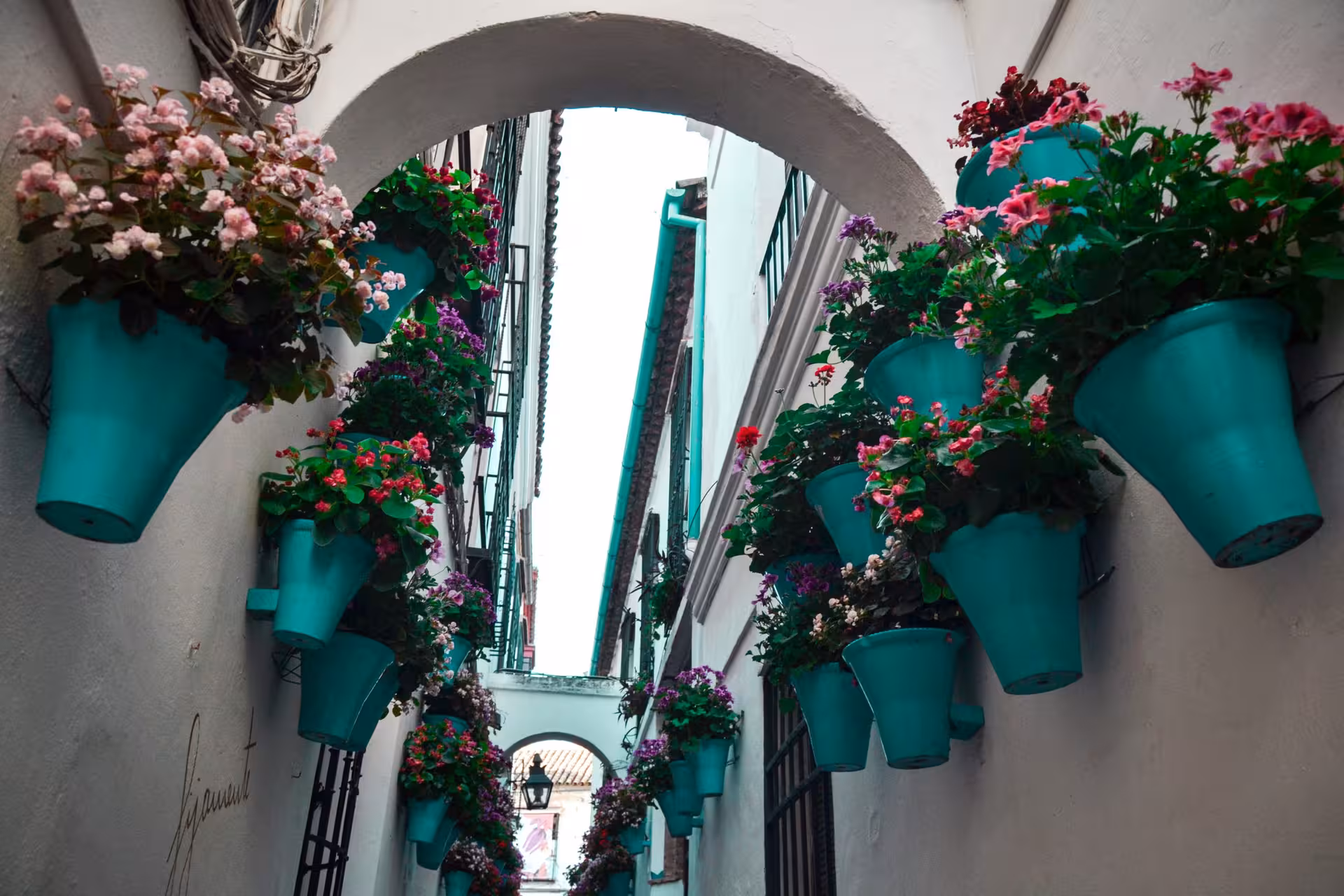 Picturesque archway adorned with vibrant flower pots in the Jewish Quarter's historic alley.
