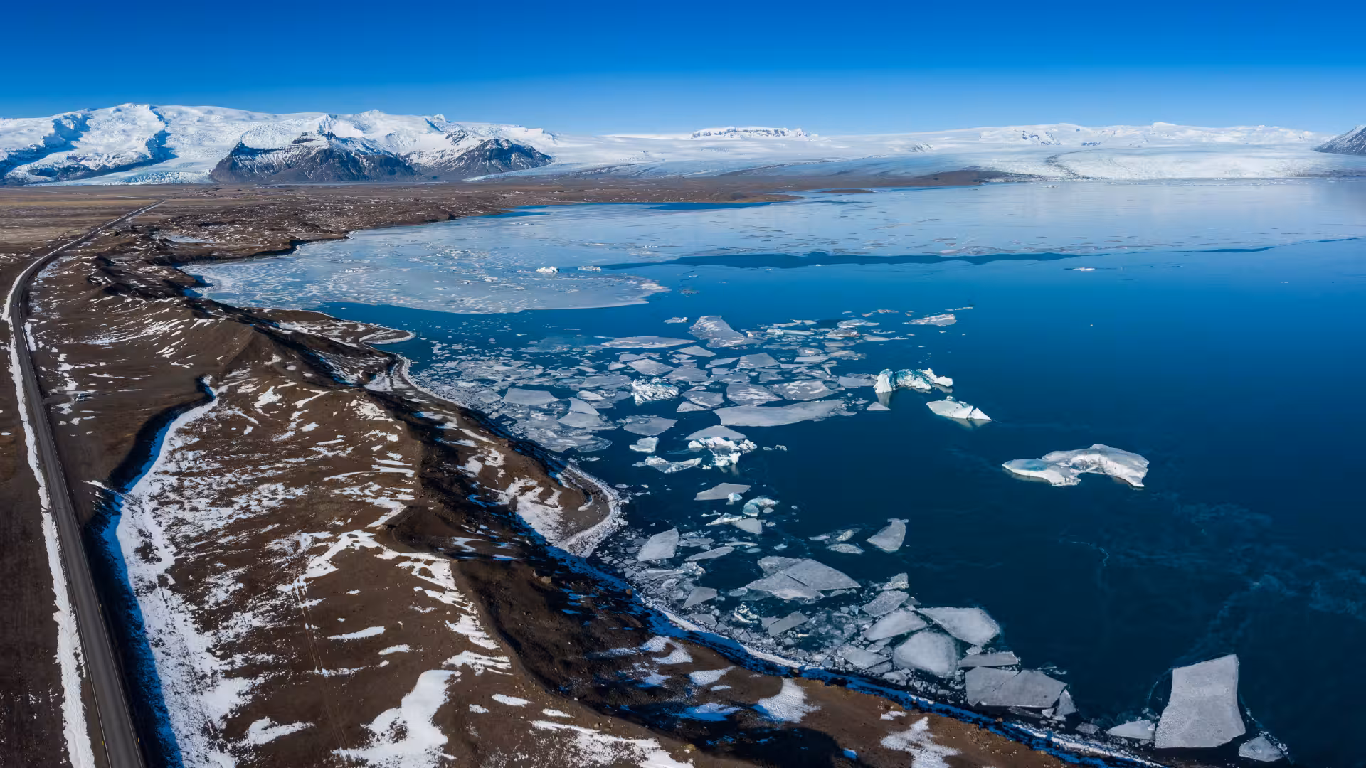 Aerial view of Jökulsárlón Glacier Lagoon with floating ice on a private rally car adventure in Iceland