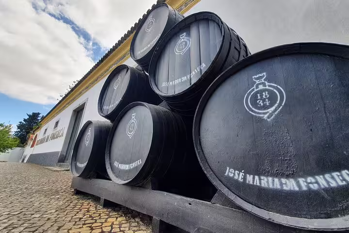 Rows of iconic José Maria da Fonseca wine barrels in Azeitão, a must-see on the Arrábida and Setúbal tour.