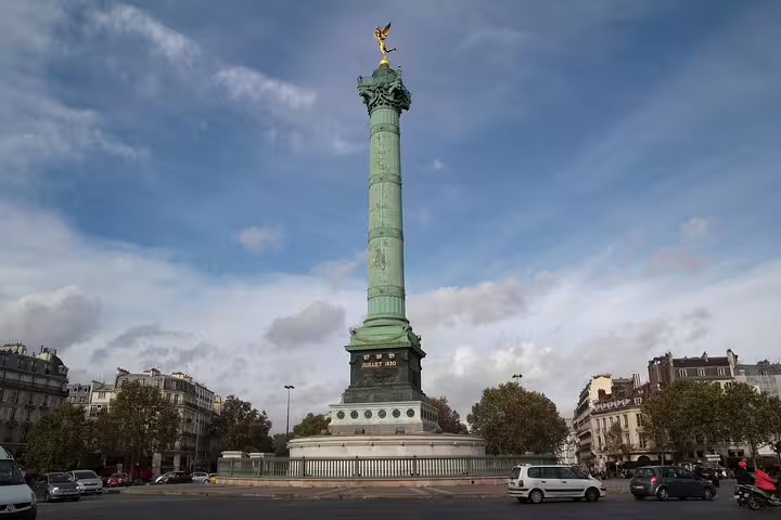 Iconic July Column in Place de la Bastille, Paris, under a blue sky, featured in Highlights & Secrets of Paris Private Tour.